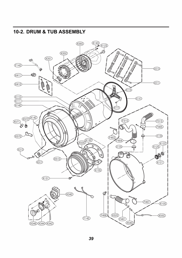DRUM & TUB ASSEMBLY Diagram and Parts List for WM2140CW F1282FDC LG Washer
