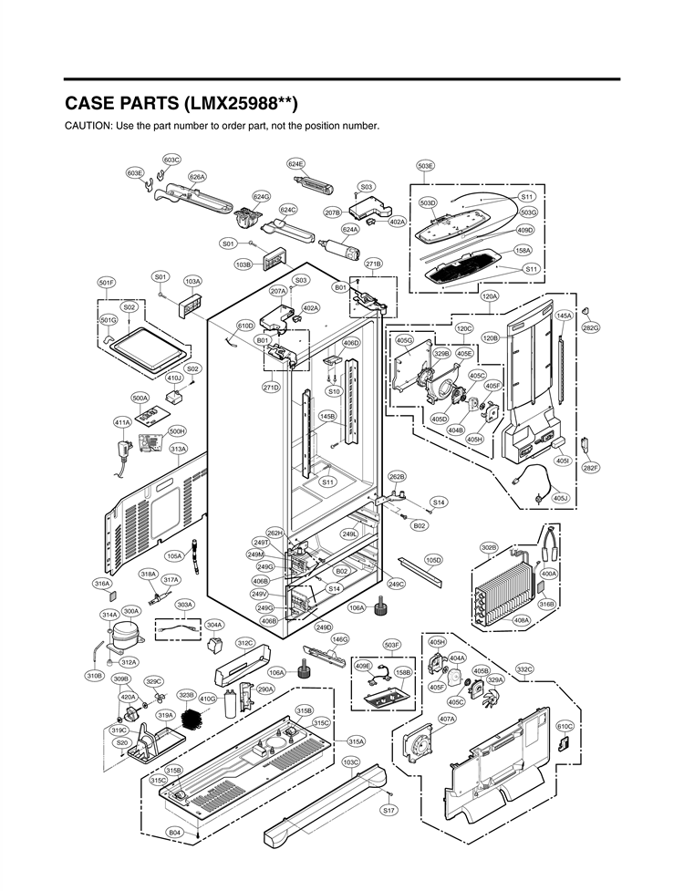 CASE PARTS Diagram and Parts List for LMX25988SW /00 LG Refrigerator
