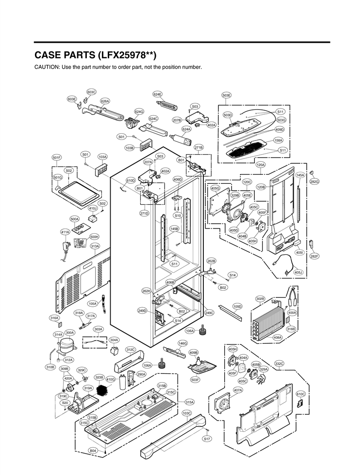 CASE PARTS Diagram and Parts List for LFX25978SB /00 LG Refrigerator