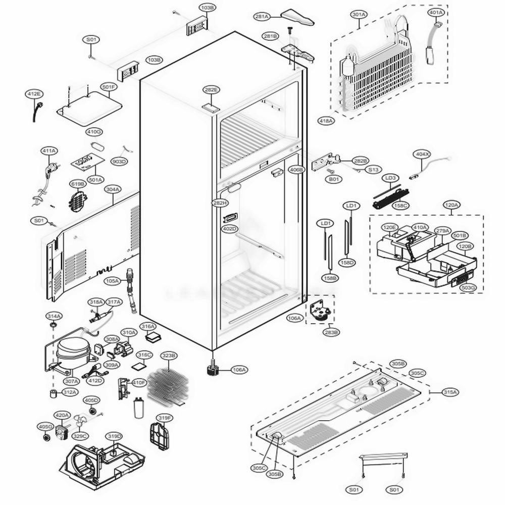 Case Parts Diagram and Parts List for 68039 AWBCSE1 LG Refrigerator