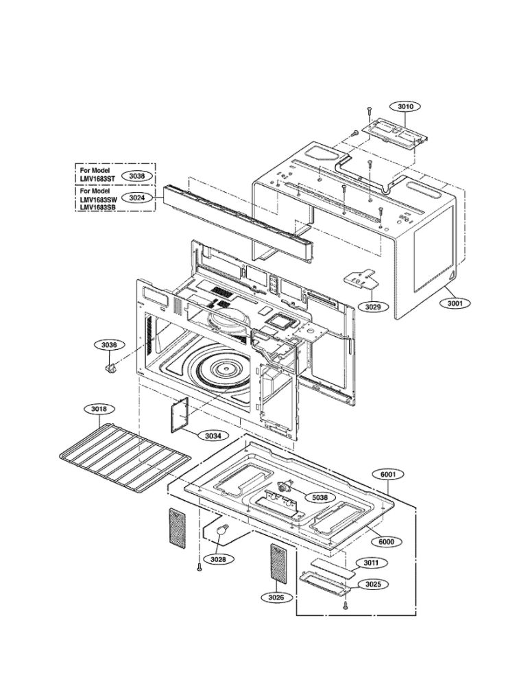 Oven Cavity Parats Diagram and Parts List for LMV1683SB 00 LG Microwave