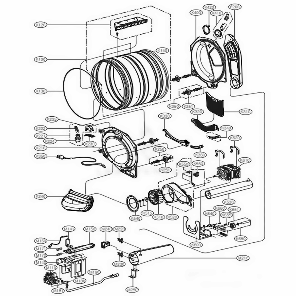 Drum And Motor Assembly: Gas Type Diagram and Parts List for 79472 ABWESEU LG Dryer