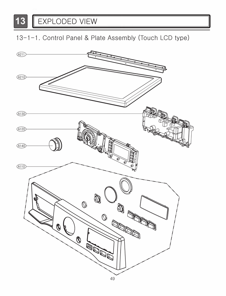 EXPLODED VIEW   Control Panel & Plate Assembly Touch LCD type Diagram and Parts List for DLEX3360R ACREEUS LG Dryer