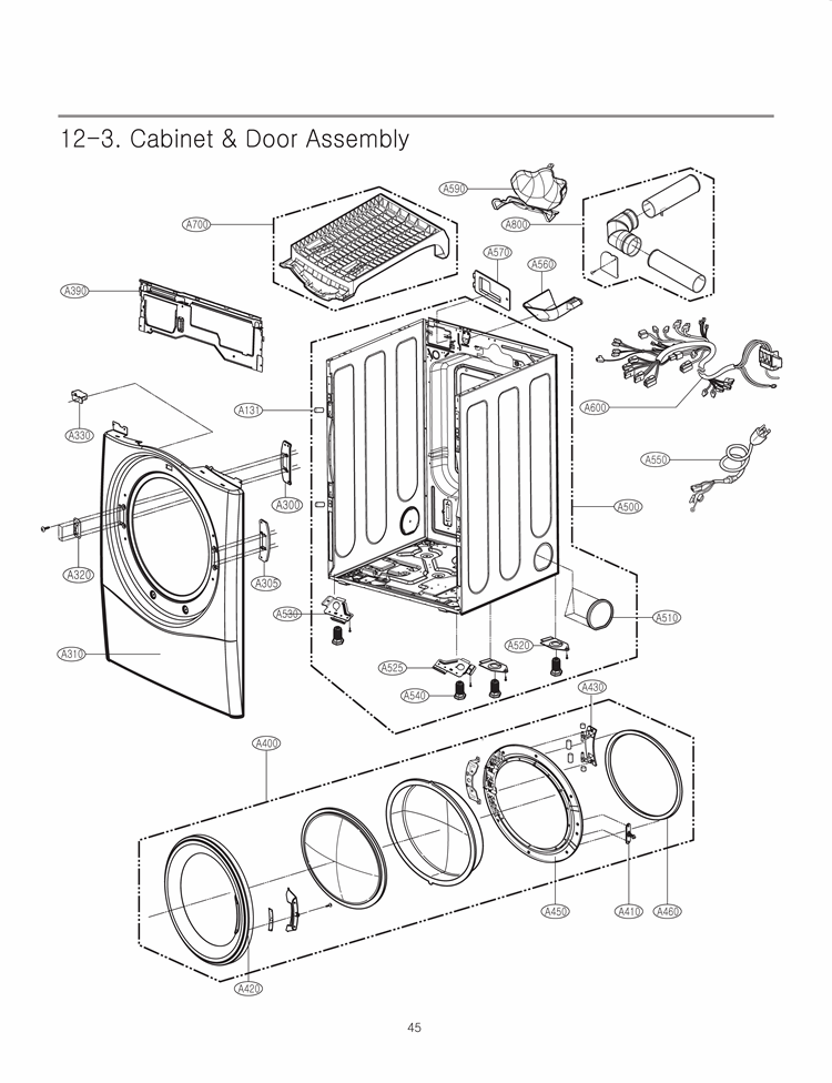 Cabinet & Door Assembly Diagram and Parts List for DLEX3360V ASSEEUS LG Dryer