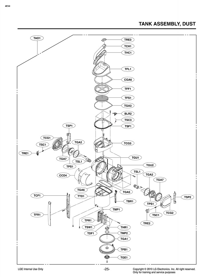 TANK ASSEMBLY Diagram and Parts List for LUV400T ABKELGA LG Canister Vacuum