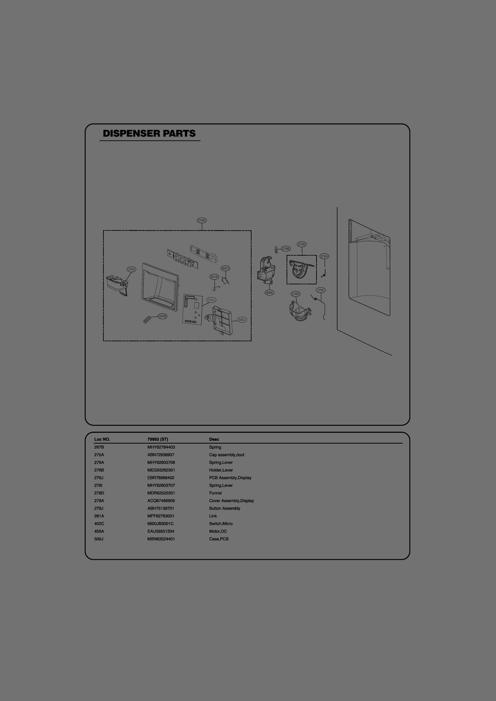 Dispenser Parts Diagram and Parts List for GR-L268LSZM ASTCSE0 LG Refrigerator