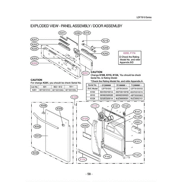 Section 1 Diagram and Parts List for LDF7810ST ASTEEUS LG Dishwasher