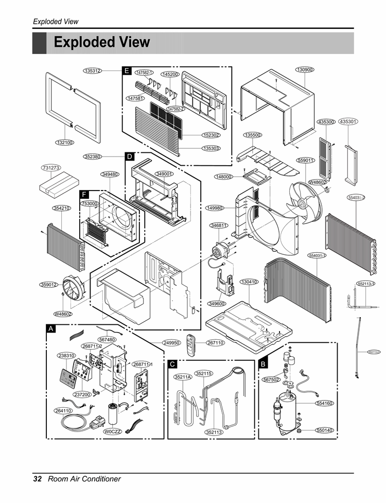 Room Air Conditioner Exploded View Diagram and Parts List for LT123HNR AWYBHDP LG Air Conditioner