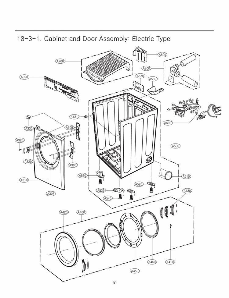 Cabinet and Door Assembly Diagram and Parts List for DLEX3360W ABWEEUS LG Dryer