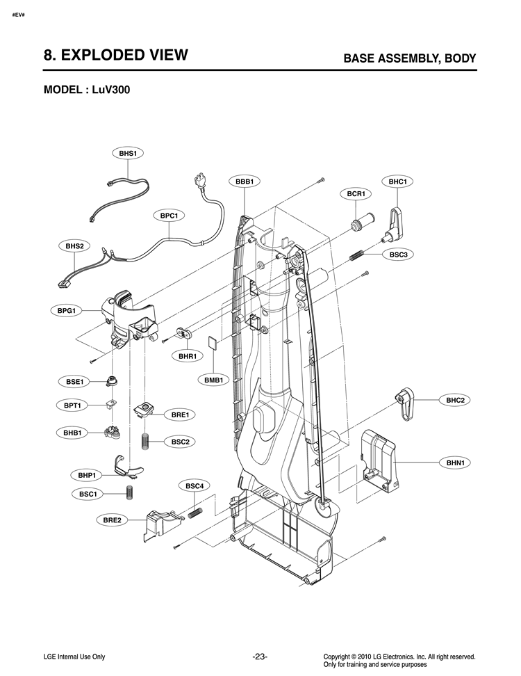 EXPLODED VIEW MODEL BASE ASSEMBLY Diagram and Parts List for LUV300B ABLELGA LG Canister Vacuum