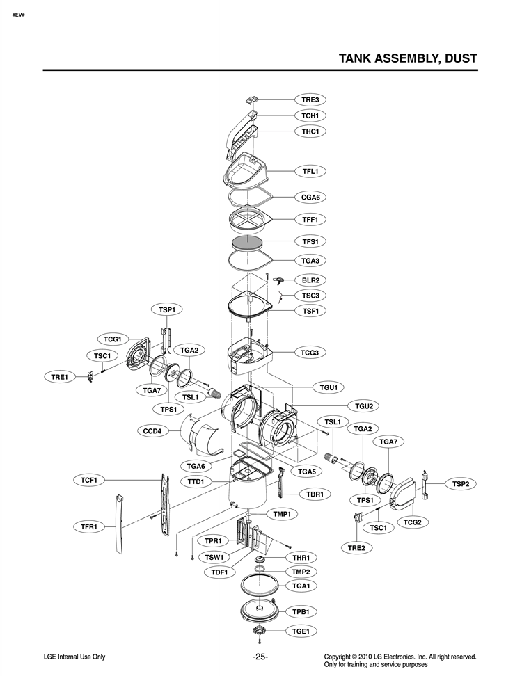 TANK ASSEMBLY Diagram and Parts List for LUV300B ABLELGA LG Canister Vacuum
