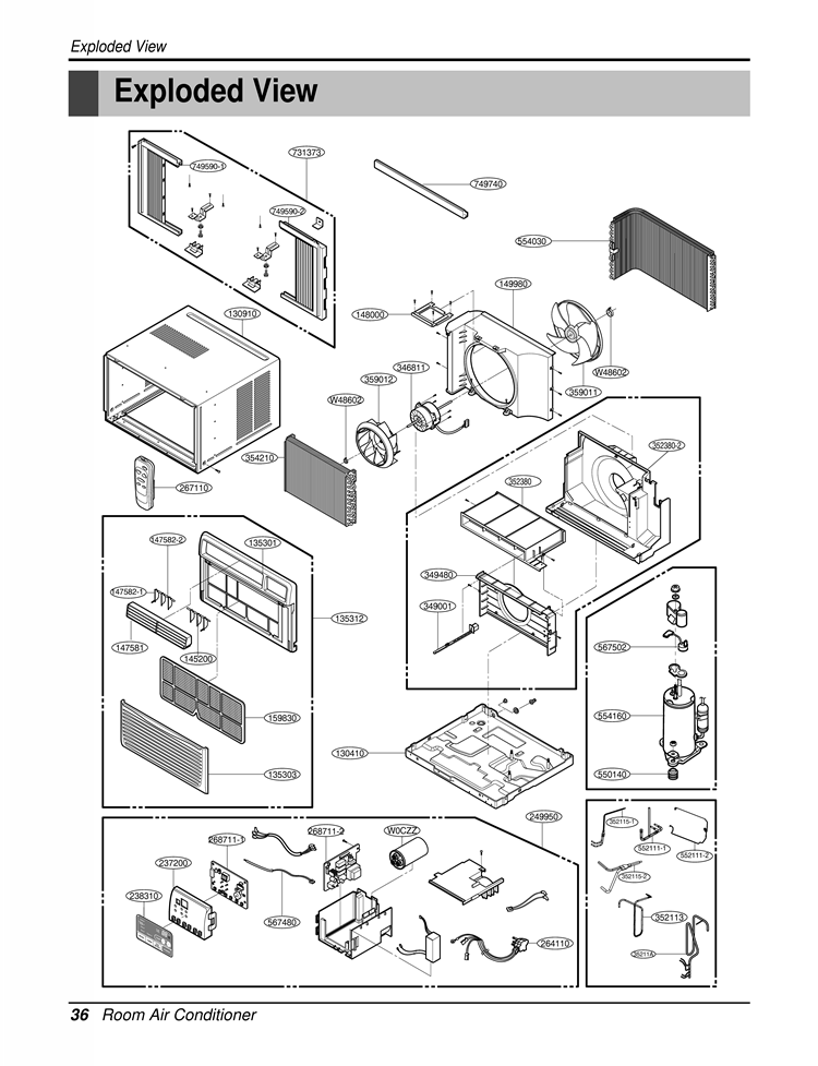 Room Air Conditioner Exploded View Diagram and Parts List for L1210ER UWC121LLMK3 LG Air Conditioner