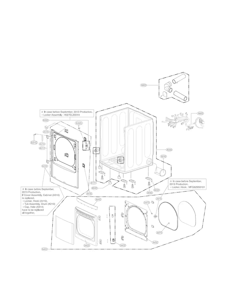 Cabinet And Door Parts Diagram and Parts List for DLE1001W  LG Dryer
