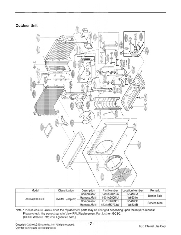 Exploded View Diagram and Parts List for Y0646 AWHBEUS LG Air Conditioner