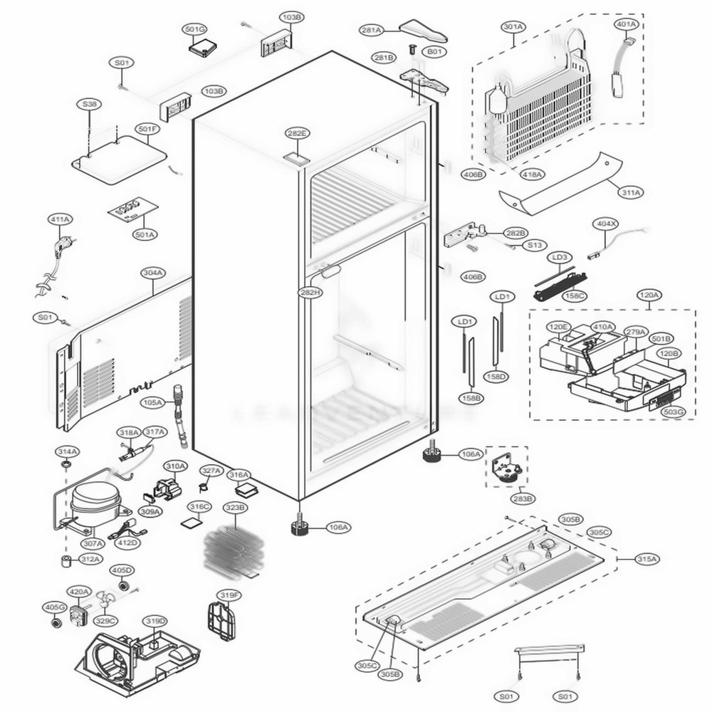 Case Parts Diagram and Parts List for LTWS24223S ASTCNA0 LG Refrigerator