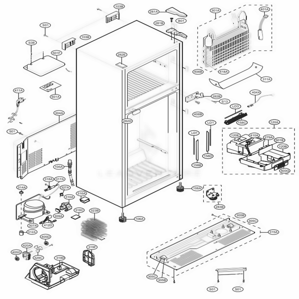 Case Parts Diagram and Parts List for LTCS24223S ASTCNA6 LG Refrigerator
