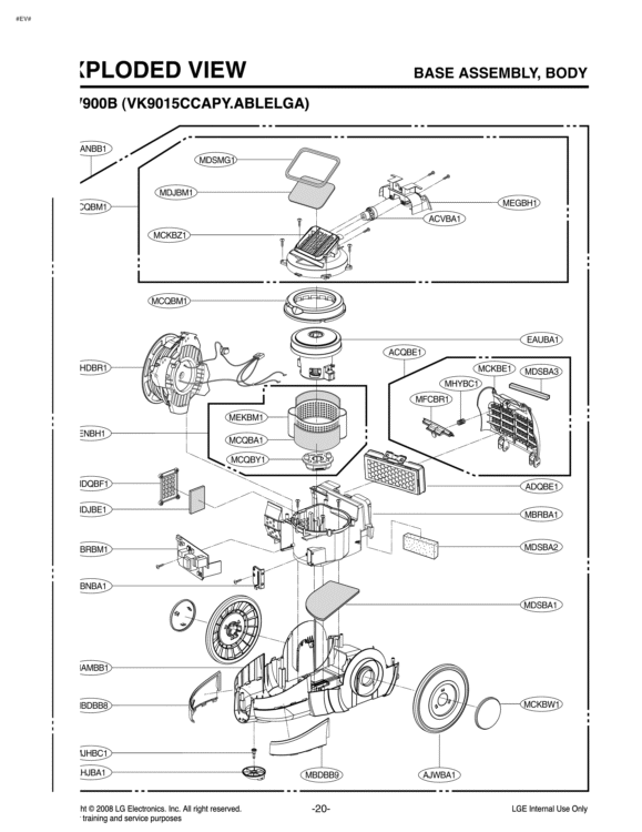 EXPLODED VIEW BASE ASSEMBLY Diagram and Parts List for LCV900B ABLELGA LG Canister Vacuum