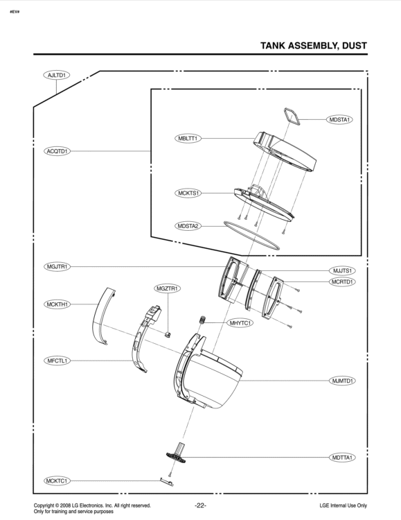 TANK ASSEMBLY Diagram and Parts List for LCV900B ABLELGA LG Canister Vacuum