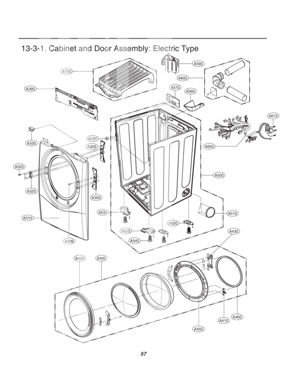 Cabinet and Door Assembly Diagram and Parts List for DLEX2550R ACREEUS LG Dryer