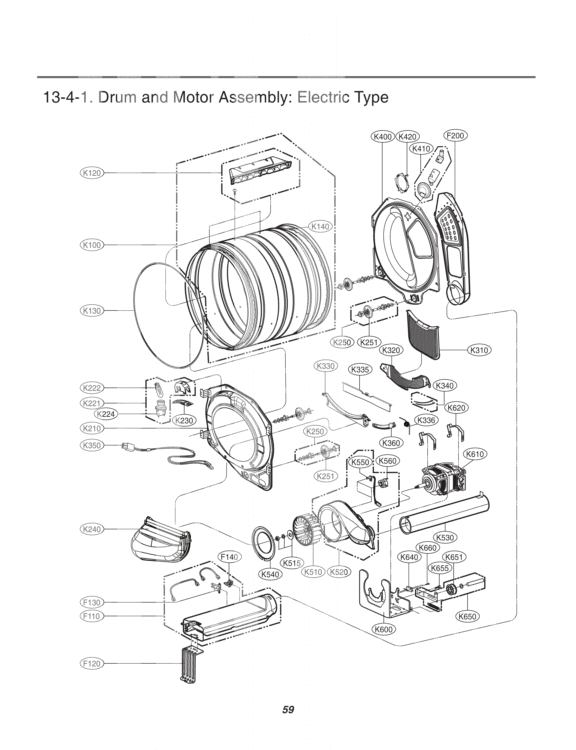 Drum and Motor Assembly Diagram and Parts List for DLEX2550R ACREEUS LG Dryer