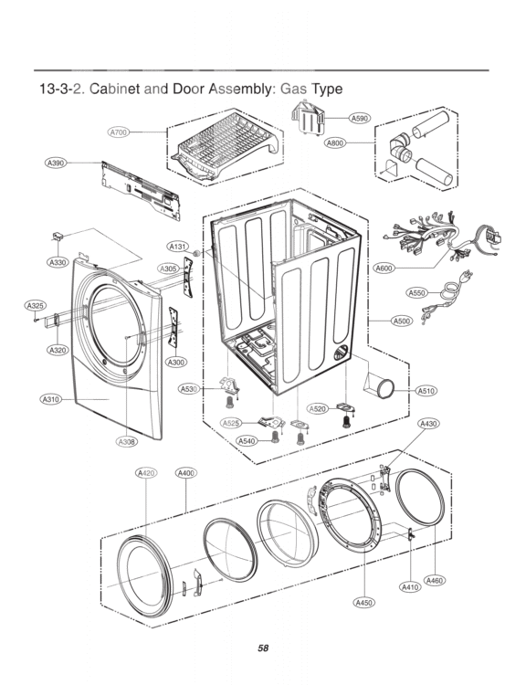 Cabinet and Door Assembly Diagram and Parts List for DLGX2551R ACREEUS LG Dryer