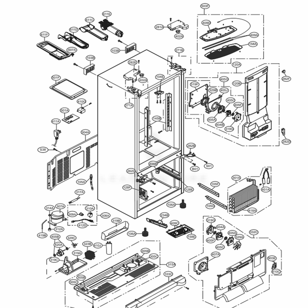 Case Parts Diagram and Parts List for 71033 ASTCSE1 LG Refrigerator