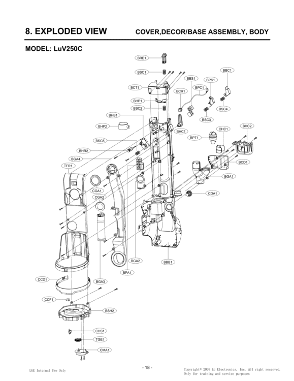 EXPLODED VIEW BASE ASSEMBLY Diagram and Parts List for LUV250C CQZELGA LG Canister Vacuum