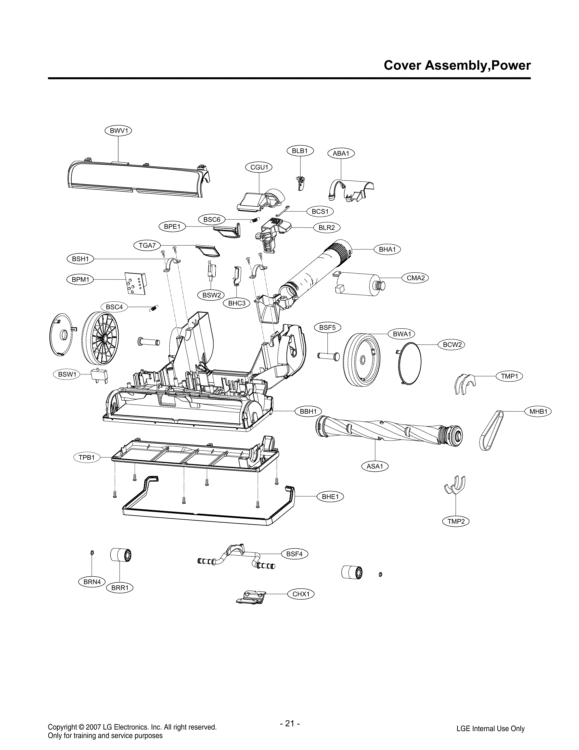 Cover Assembly Diagram and Parts List for LUV250C CQZELGA LG Canister Vacuum