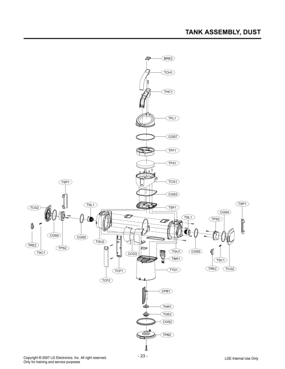 TANK ASSEMBLY Diagram and Parts List for LUV250C CQZELGA LG Canister Vacuum