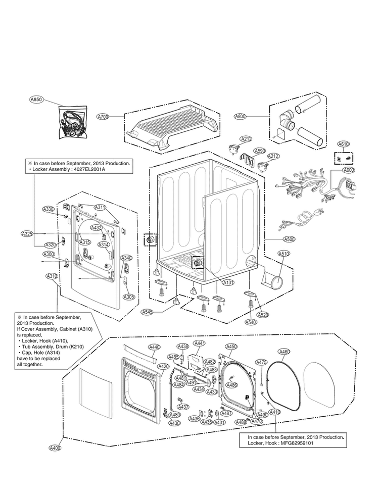 Cabinet And Door Parts Diagram and Parts List for DLEX5780WE  LG Dryer