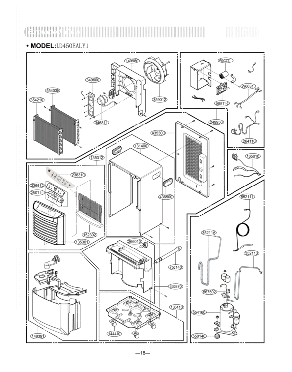 EXPLODED VIEW Diagram and Parts List for LD450EAL UD451EAD1 LG Dehumidifier