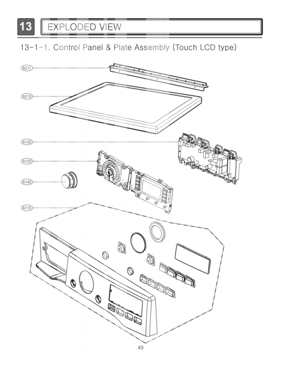 EXPLODED VIEW   Control Panel & Plate Assembly Touch LCD type Diagram and Parts List for DLEX3360R ACREECI LG Dryer
