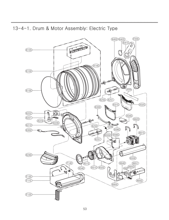 Drum & Motor Assembly Diagram and Parts List for DLEX3360R ACREECI LG Dryer