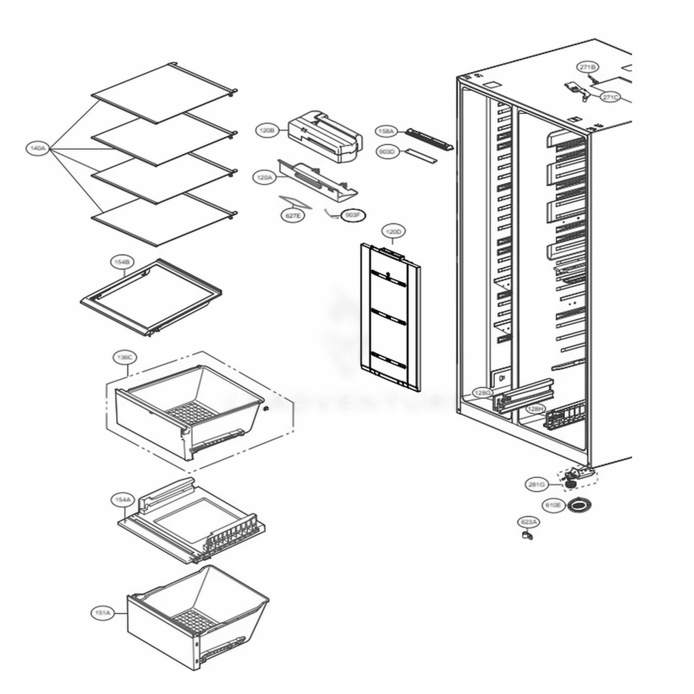 Refrigerator Compartment Diagram and Parts List for LRSPS2706V APZCNA0 LG Refrigerator