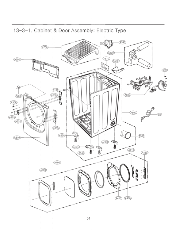 Cabinet & Door Assembly Diagram and Parts List for DLEX3360V ASSEECI LG Dryer