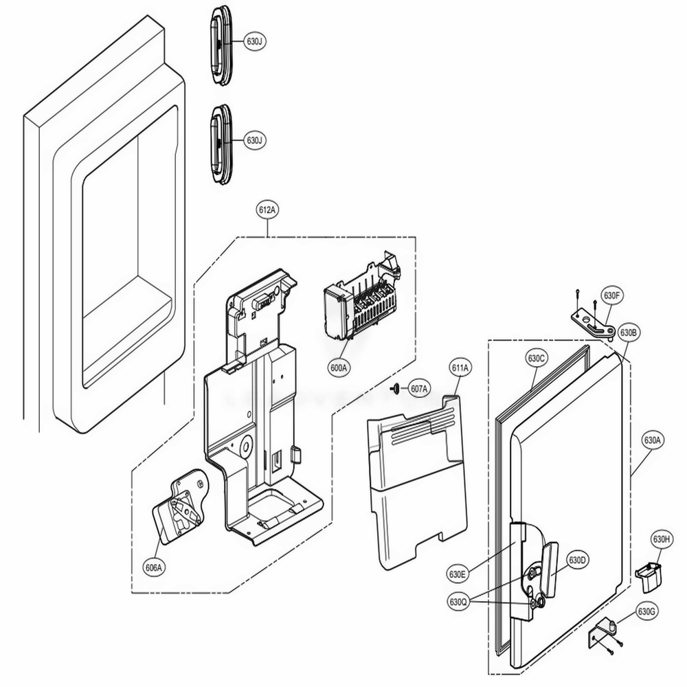 Ice Maker And Ice Bin Parts Diagram and Parts List for LFXS30726W ASWCNA0 LG Refrigerator