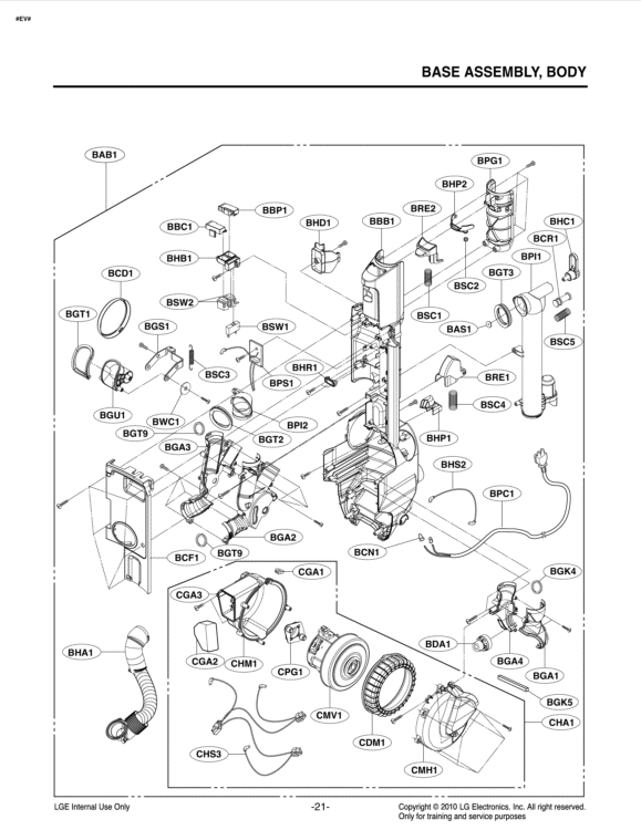 BASE ASSEMBLY Diagram and Parts List for LUV350P APTELGA LG Canister Vacuum