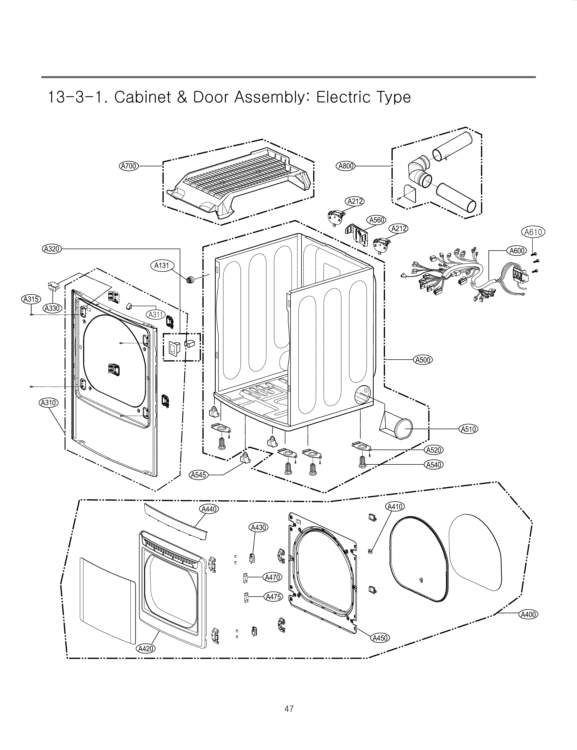 Cabinet & Door Assembly Diagram and Parts List for DLE5001W ABWESED LG Dryer