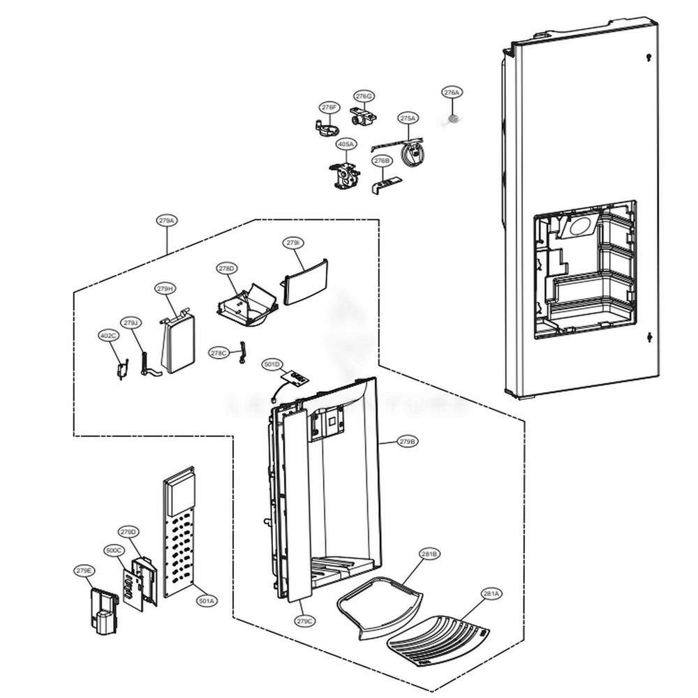Dispenser Parts Diagram and Parts List for LFX28979ST ASTCNA1 LG Refrigerator