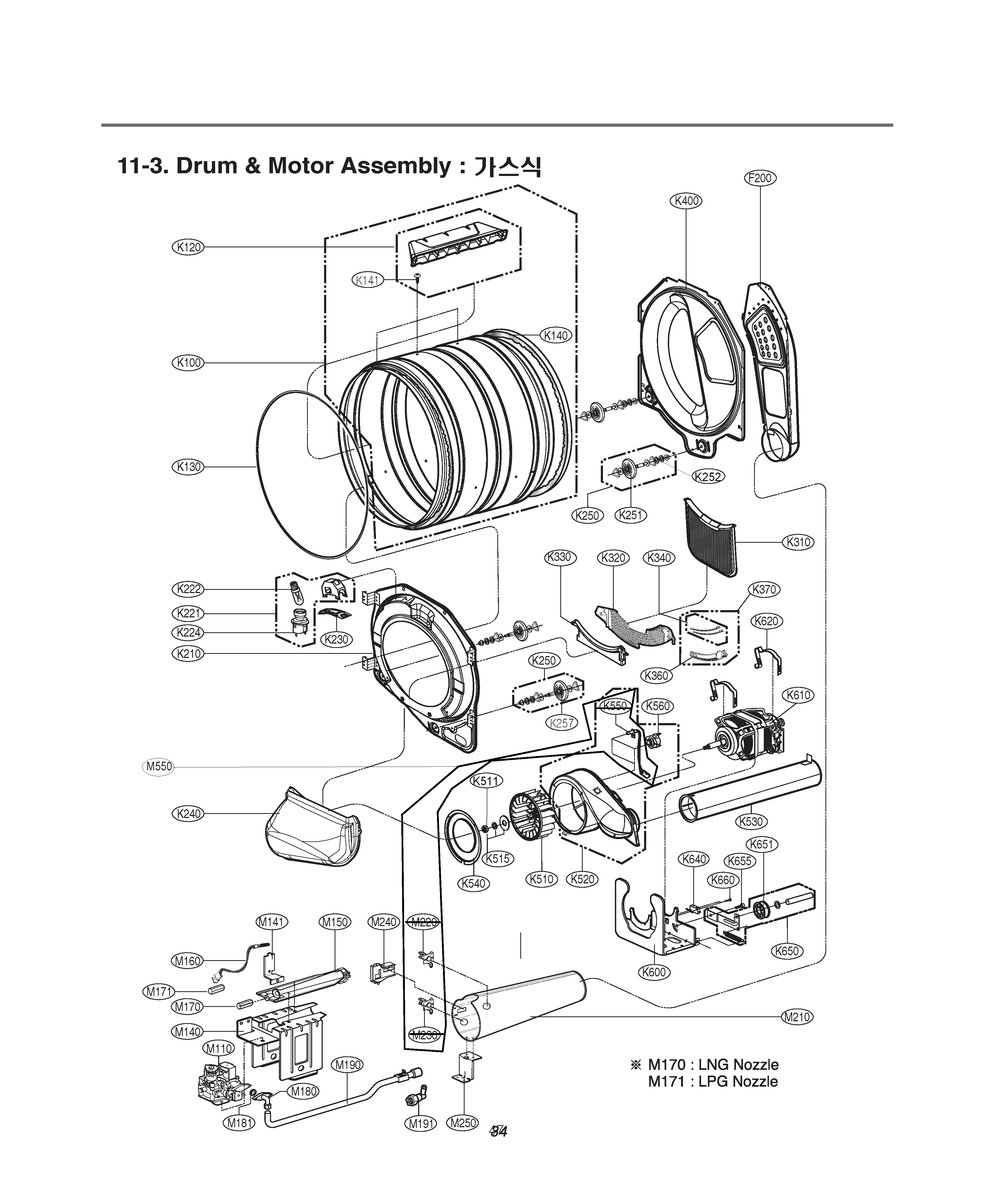 Drum And Motor Assembly Diagram and Parts List for RN1044A AKOR LG Dryer