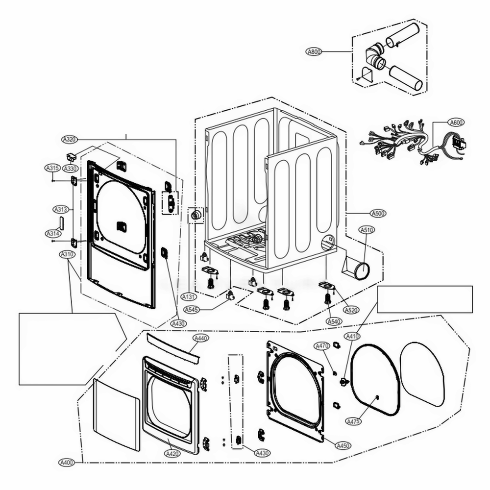 Cabinet And Door Assembly Diagram and Parts List for DLEY1201W ABWEEUS LG Dryer