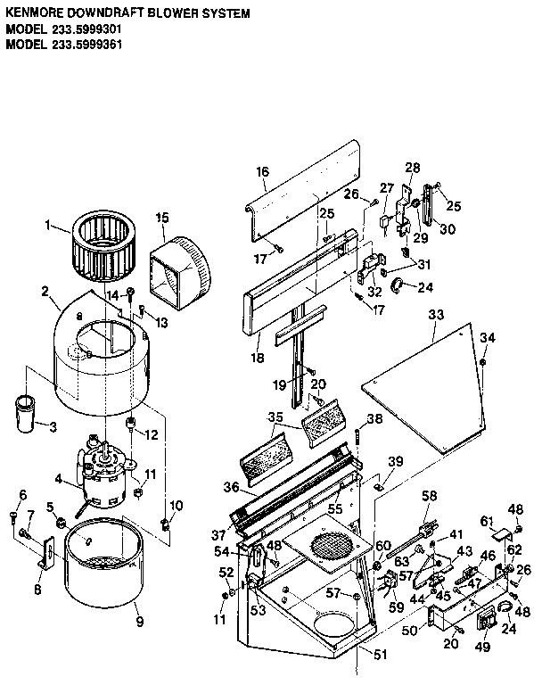 Downdraft Blower System Diagram and Parts List for 2335999301  Kenmore Range Hood