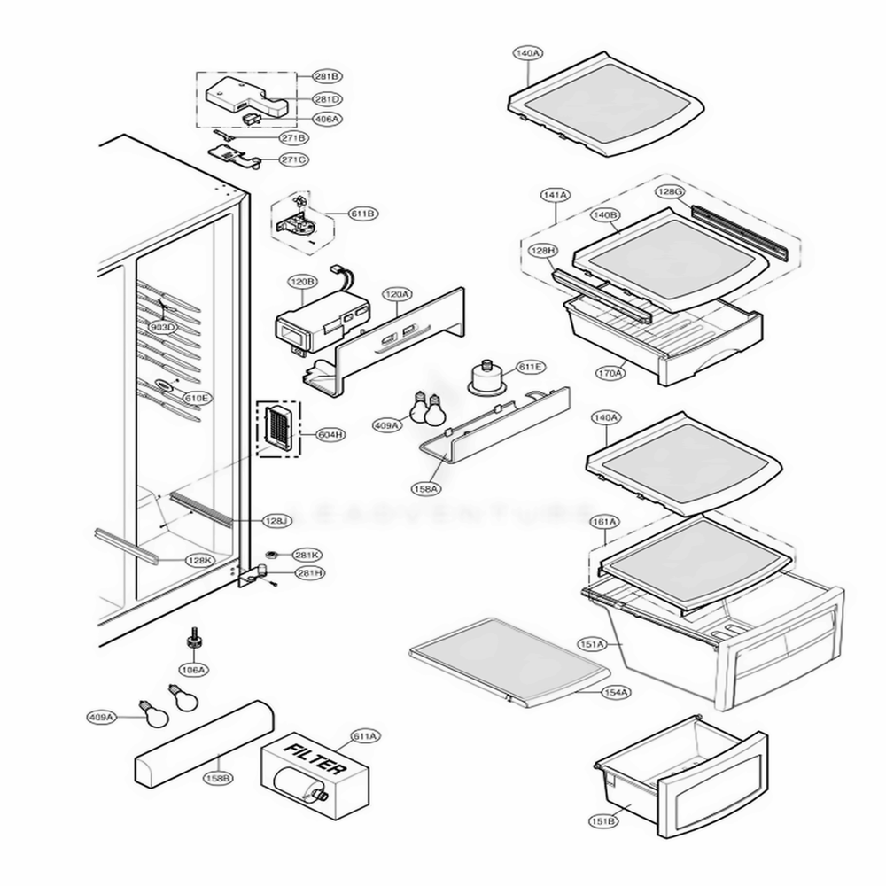 Refrigerator Compartment Diagram and Parts List for LSC27921ST AST1LGA LG Refrigerator