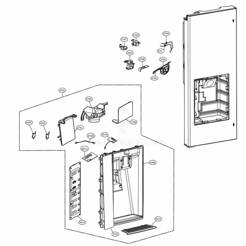 Dispenser Parts Diagram and Parts List for LFXS30796D ASBCNA0 LG Refrigerator