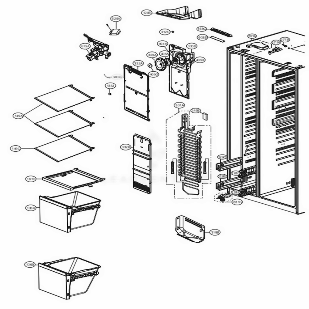 Freezer Compartment Diagram and Parts List for LSXS26466S ASTCNA2 LG Refrigerator
