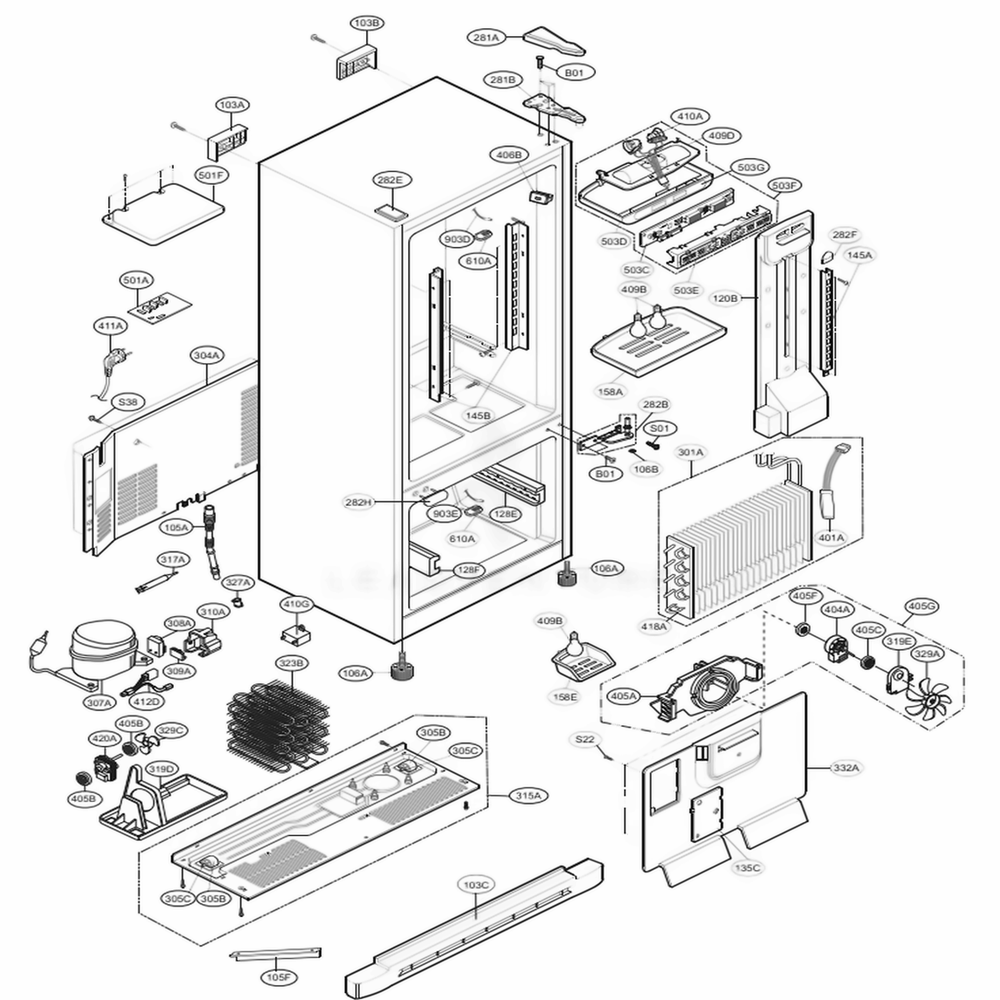 Case Parts Diagram and Parts List for 76203 AST1SER LG Refrigerator