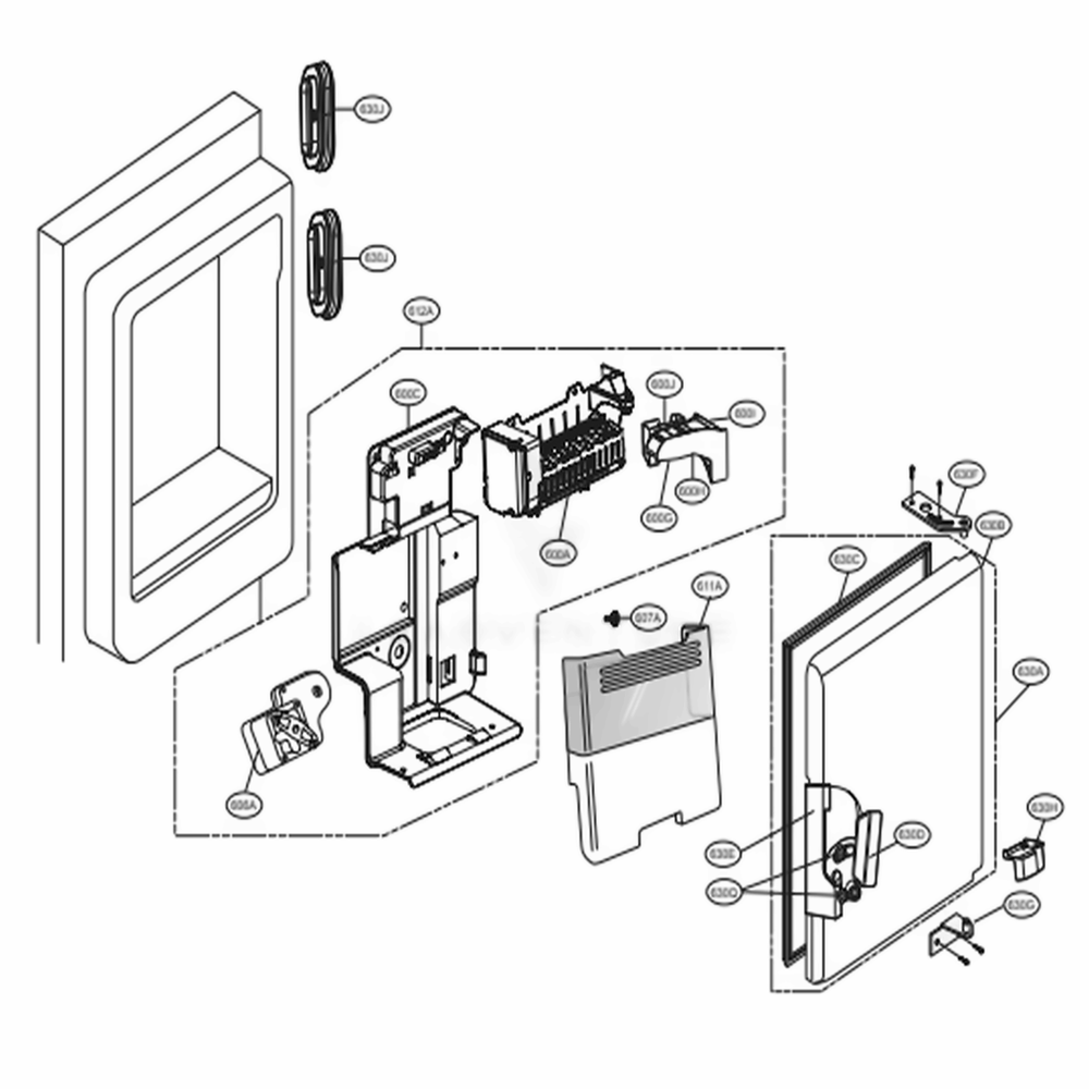 Ice Maker And Ice Bin Parts Diagram and Parts List for 73167 ASBCSE1 LG Refrigerator