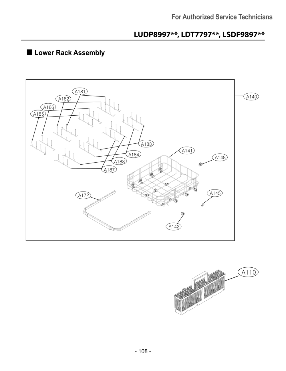 Lower Rack Assembly Diagram and Parts List for DUA217TD ABDEEUS LG Dishwasher