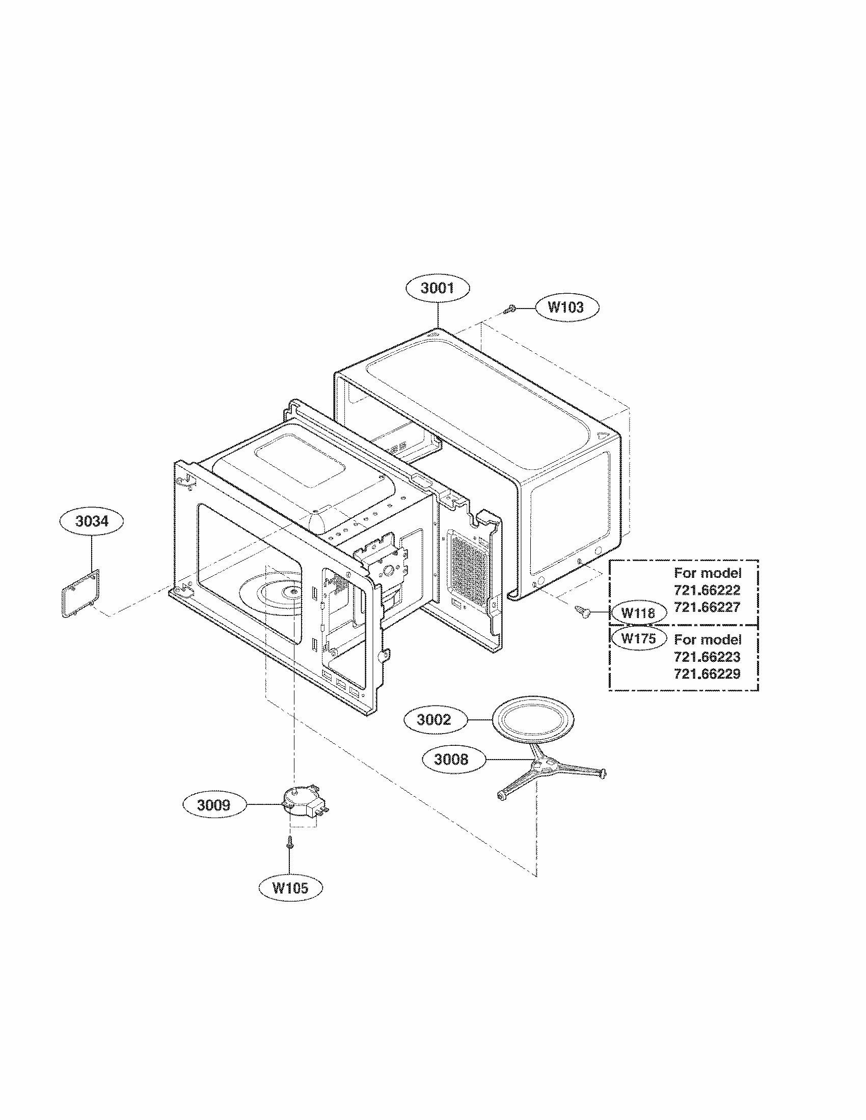 Oven Cavity Parts Diagram and Parts List for 72166222011  Kenmore Microwave