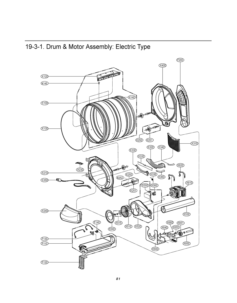Drum And Motor Assembly Diagram and Parts List for GDP1329QEW ABWEELC LG Dryer